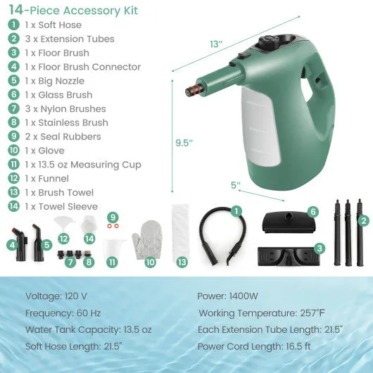 1400W Handheld Steam Cleaner with 14-Piece Accessory Kit and Child Lock-Green