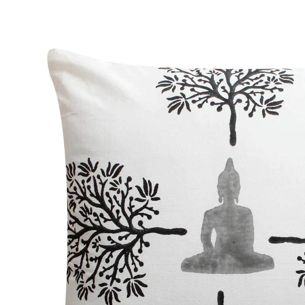 18 x 18 Square Cotton Accent Throw Pillow, Meditating Buddha, Tree Print, Set of 2, White, Black By The Urban Port