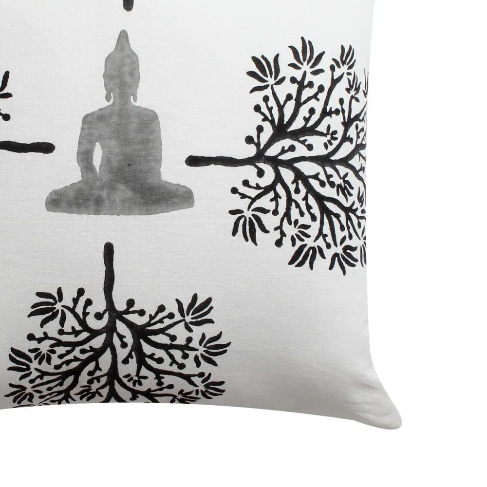 18 x 18 Square Cotton Accent Throw Pillow, Meditating Buddha, Tree Print, Set of 2, White, Black By The Urban Port