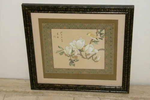 1970 CHINESE ORIGINAL GONGBI MUGHAL ART CHOICE BETWEEN 2 BEAUTIFUL FRAMED PERSIAN INK MINIATURE PAINTINGS ON SILK EXTREMELY DETAILED RENDITION OF BIRDS & FLOWER BLOSSOMS DECORATOR DESIGNER COLLECTOR WALL ART DECOR