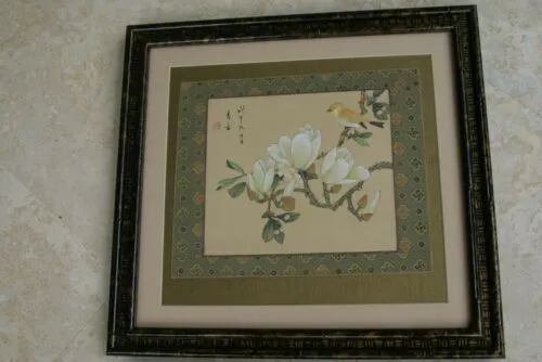 1970 CHINESE ORIGINAL GONGBI MUGHAL ART CHOICE BETWEEN 2 BEAUTIFUL FRAMED PERSIAN INK MINIATURE PAINTINGS ON SILK EXTREMELY DETAILED RENDITION OF BIRDS & FLOWER BLOSSOMS DECORATOR DESIGNER COLLECTOR WALL ART DECOR