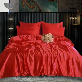 6PC Scarlet Red Satin Bed Set – Includes Duvet, Fitted Sheet & Pillow Covers