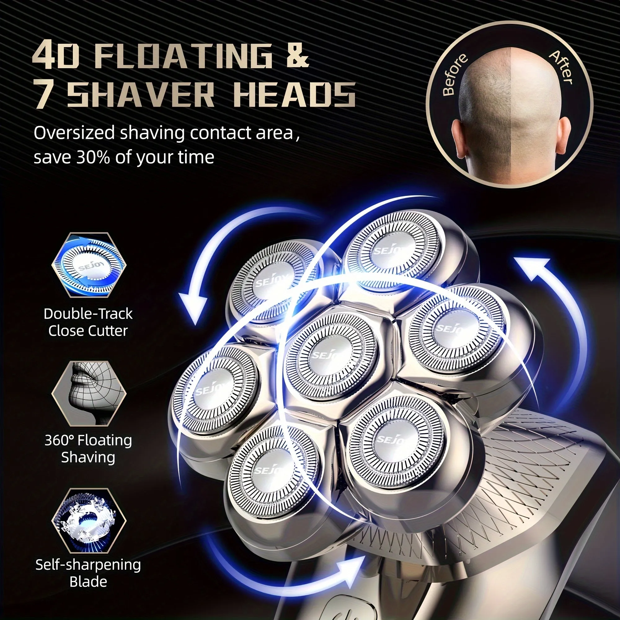 7D Electric Shaver For Bald Men, Upgraded 7 Floating Head, With Nose Hair Trimmer, Facial Cleaning Brush, Hair Trimmer, 1.5H Fast Charging Travel Lock