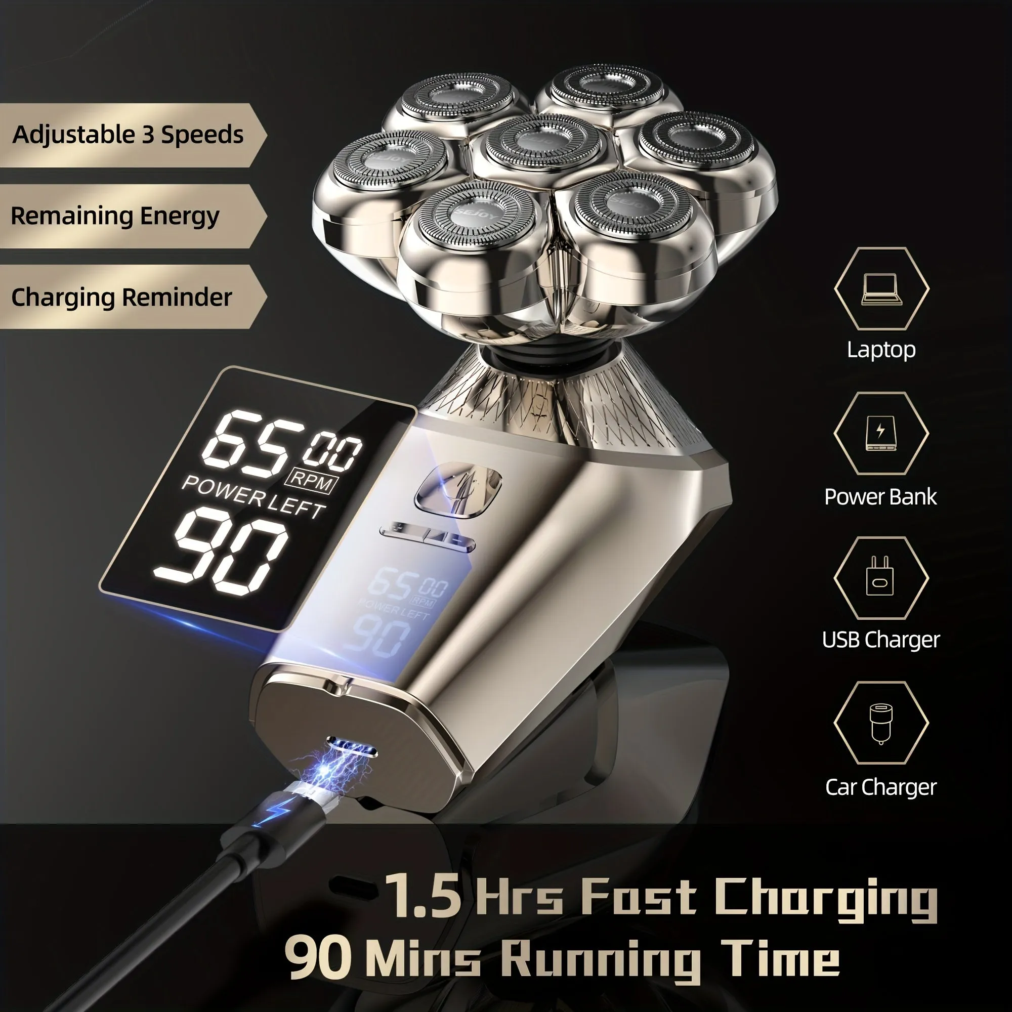 7D Electric Shaver For Bald Men, Upgraded 7 Floating Head, With Nose Hair Trimmer, Facial Cleaning Brush, Hair Trimmer, 1.5H Fast Charging Travel Lock