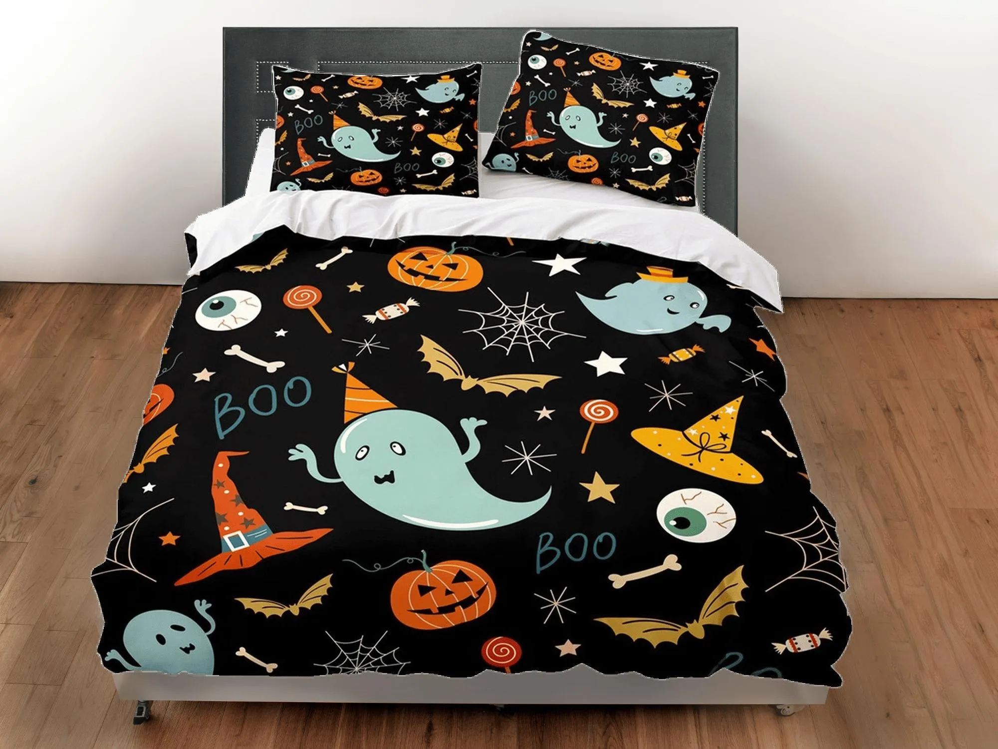 90s nostalgia halloween bedding & pillowcase, black duvet cover set dorm bedding, retro halloween, nursery toddler bedding, halloween gift