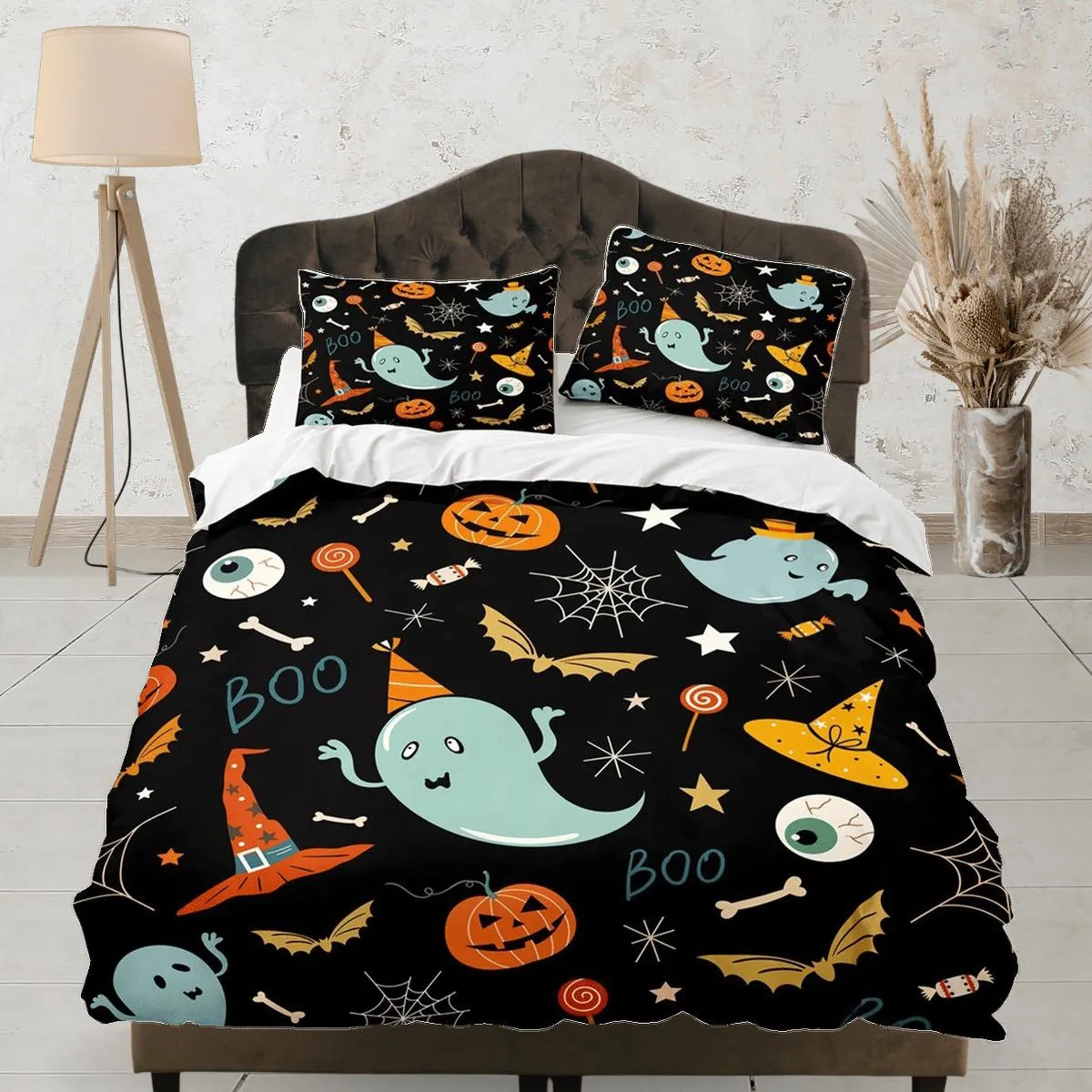 90s nostalgia halloween bedding & pillowcase, black duvet cover set dorm bedding, retro halloween, nursery toddler bedding, halloween gift