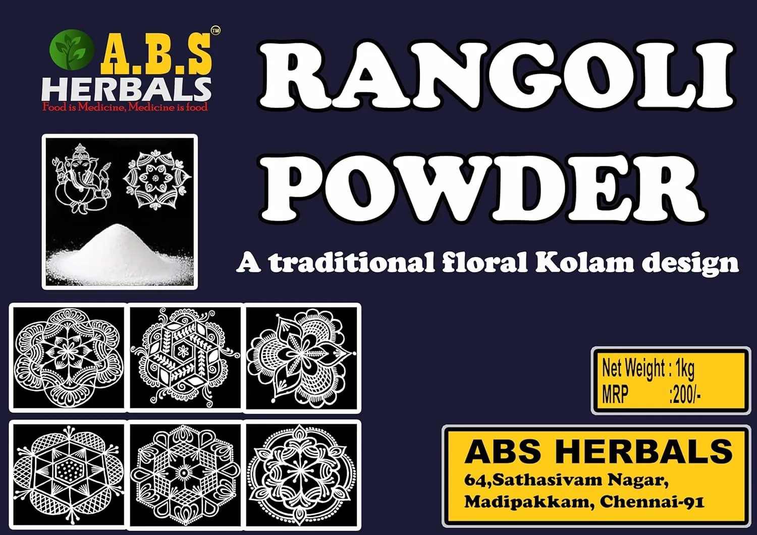 ABS HERBALS : Rrangoli Kolam Powder, Kolam Mavu, Kolamavu, Kola Mavu, KolaMaavu, Kolam podi Pack of 1 kg