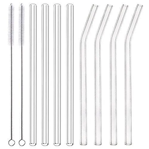 ALINK Glass Smoothie Straws, 10" x 10 mm Long Reusable Clear Drinking Straws for Smoothie, Milkshakes, Pack of 8 with 2 Cleaning Brush,