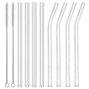 ALINK Glass Smoothie Straws, 10" x 10 mm Long Reusable Clear Drinking Straws for Smoothie, Milkshakes, Pack of 8 with 2 Cleaning Brush,