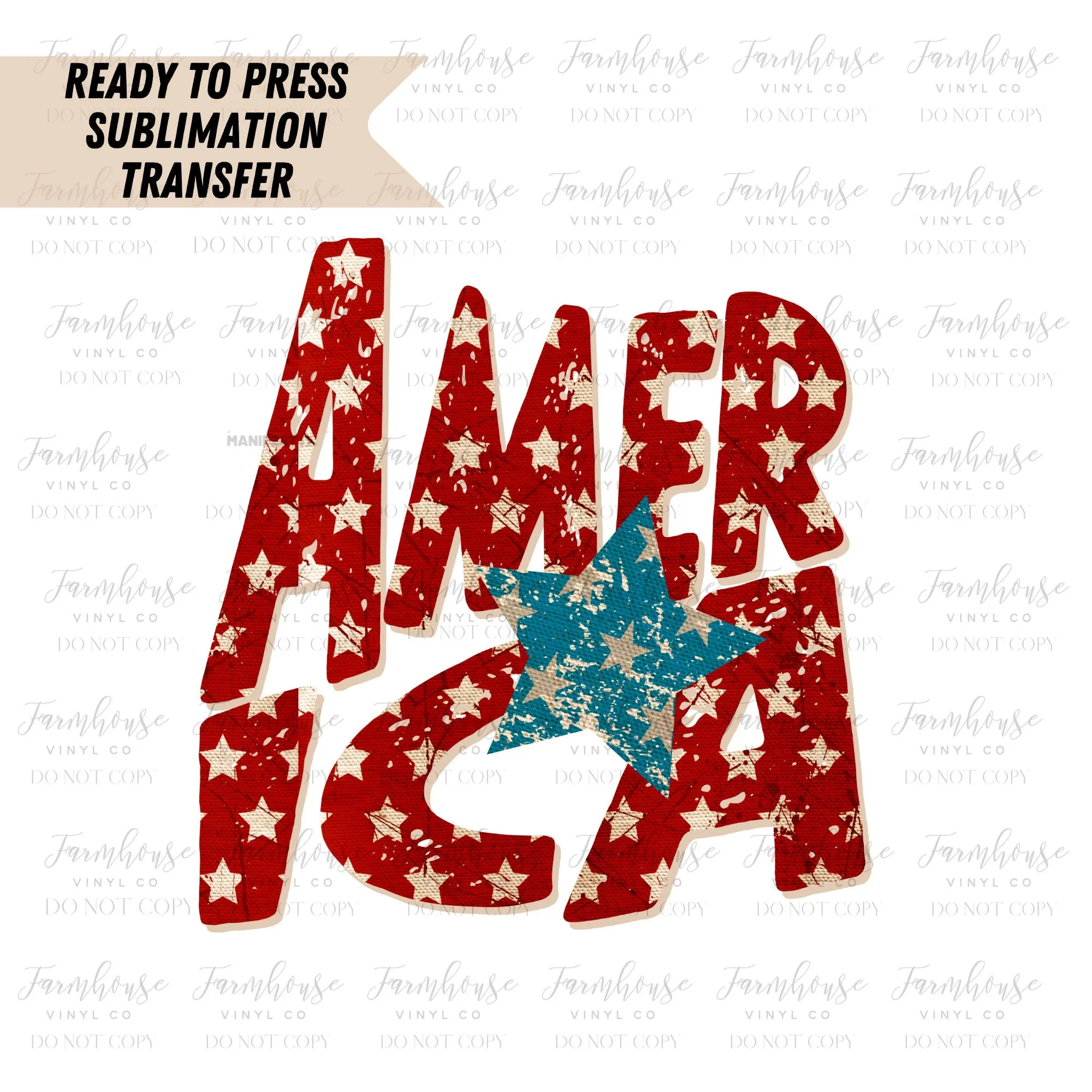 America Distressed Burlap Stars w/ Blue Star Ready To Press Sublimation Transfer