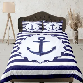 Anchor in blue stripe nautical duvet cover coastal grandma bedding set full queen king, aesthetic beach room decor, ocean lover gift seaman