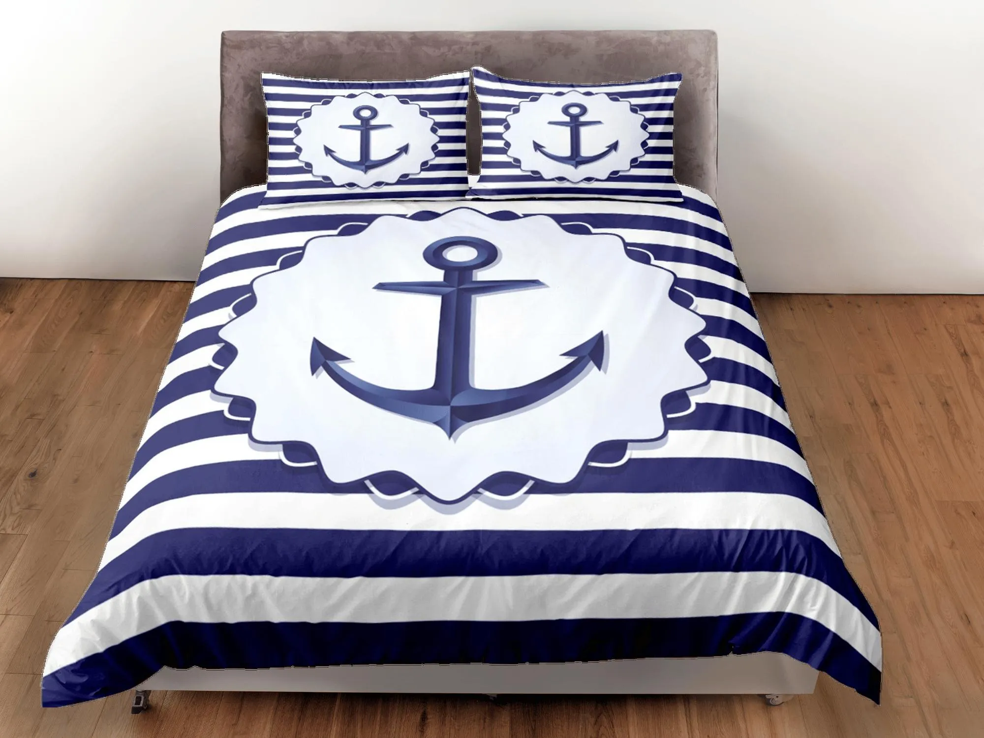 Anchor in blue stripe nautical duvet cover coastal grandma bedding set full queen king, aesthetic beach room decor, ocean lover gift seaman