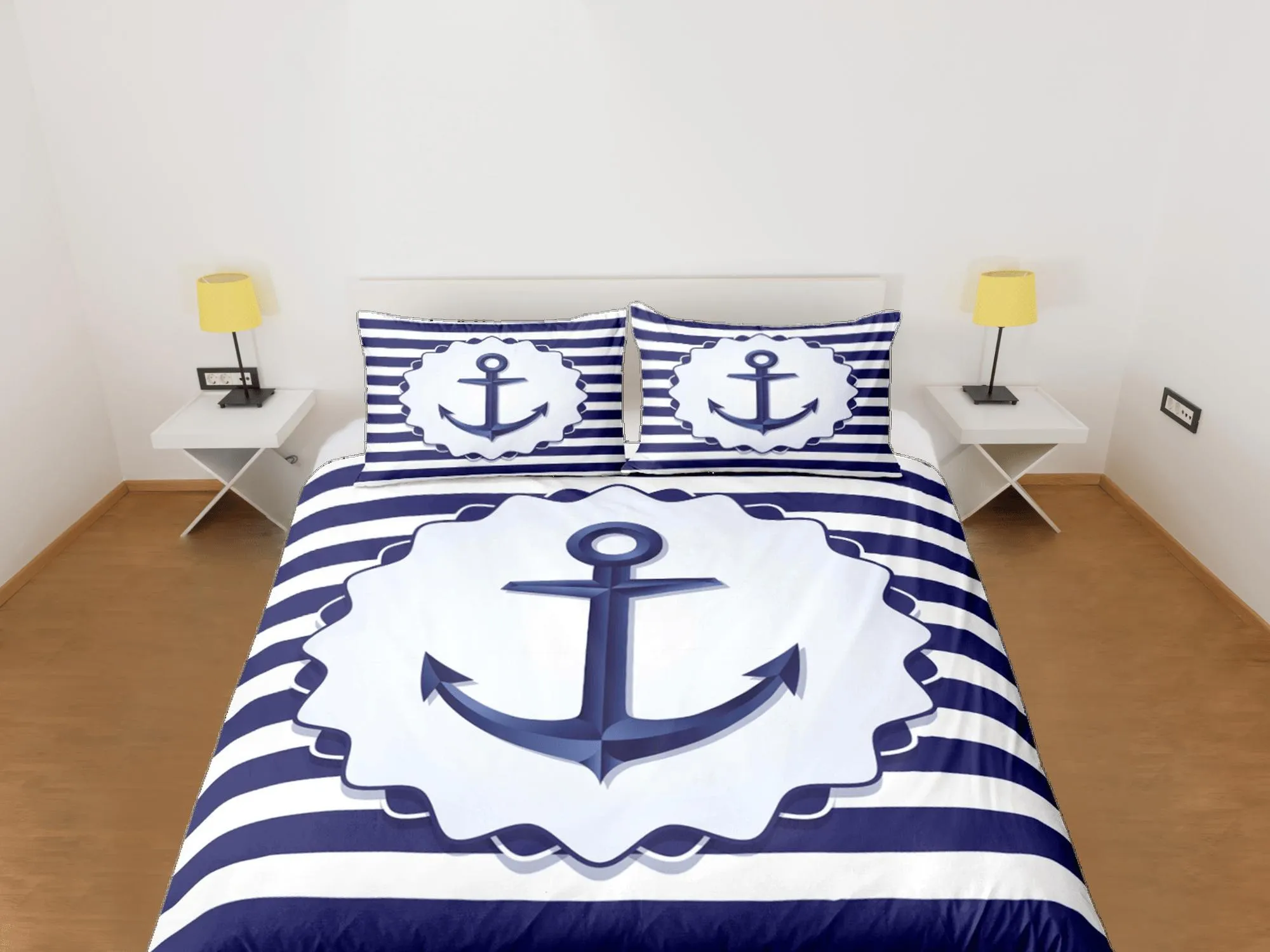 Anchor in blue stripe nautical duvet cover coastal grandma bedding set full queen king, aesthetic beach room decor, ocean lover gift seaman