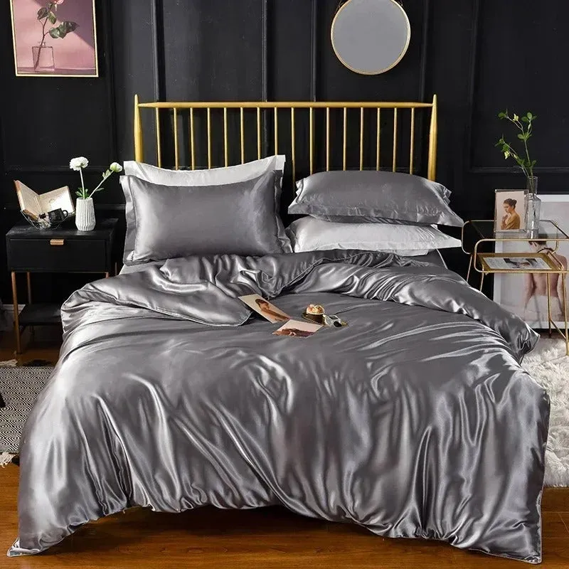 Anyhouz Beddings Gray AU Single Size 2 Pcs High End Satin Smooth Duvet Cover Set Luxury Polyester Silky Soft Cozy Bedding Set