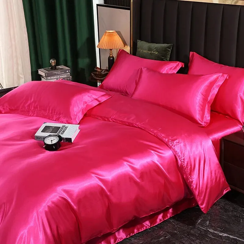 Anyhouz Beddings Hot Pink AU Queen Size 3 Pcs High End Satin Smooth Duvet Cover Set Luxury Polyester Silky Soft Cozy Bedding Set