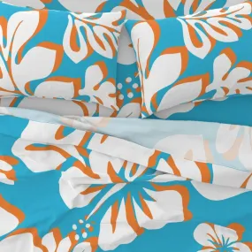 Aqua Blue, Orange and White Hawaiian Flowers Sheet Set from Surfer Bedding™️ Large Scale