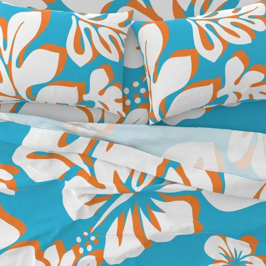 Aqua Blue, Orange and White Hawaiian Flowers Sheet Set from Surfer Bedding™️ Large Scale