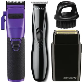 BaByliss Pro FX870PI BOOST  Influencer Collection Cordless Clipper - Purple   Andis T-blade Trimmer   BaByliss PRO Double Foil Shaver & Brush