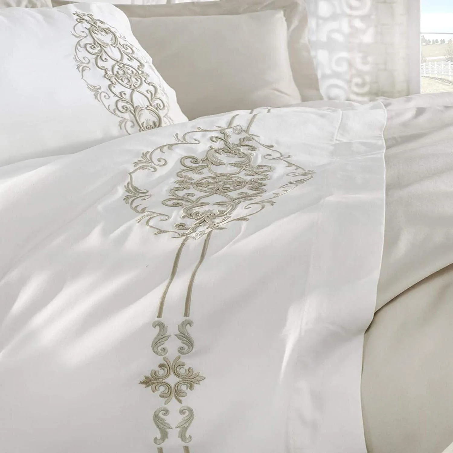 Beige & white Embroidery Duvet Set