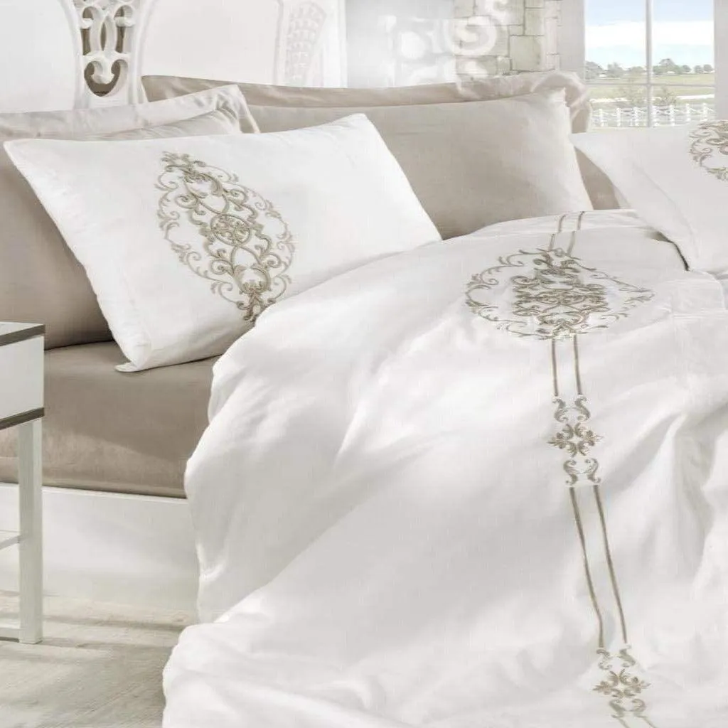 Beige & white Embroidery Duvet Set