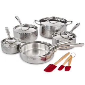 BergHOFF Vintage 13pc Tri-Ply 18/10 Stainless Steel Cookware with Spatulas Set, SS Lids, Hammered