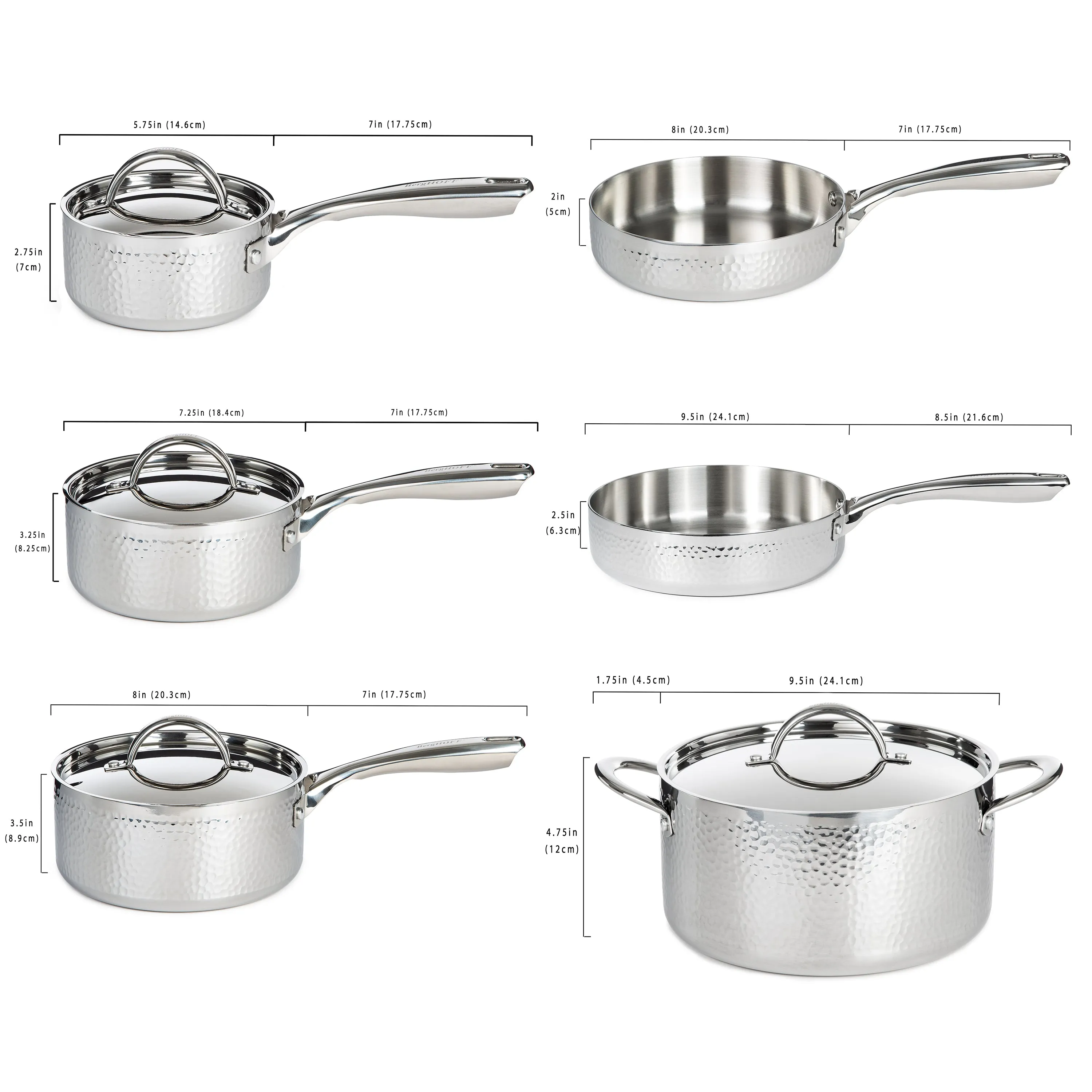 BergHOFF Vintage 13pc Tri-Ply 18/10 Stainless Steel Cookware with Spatulas Set, SS Lids, Hammered