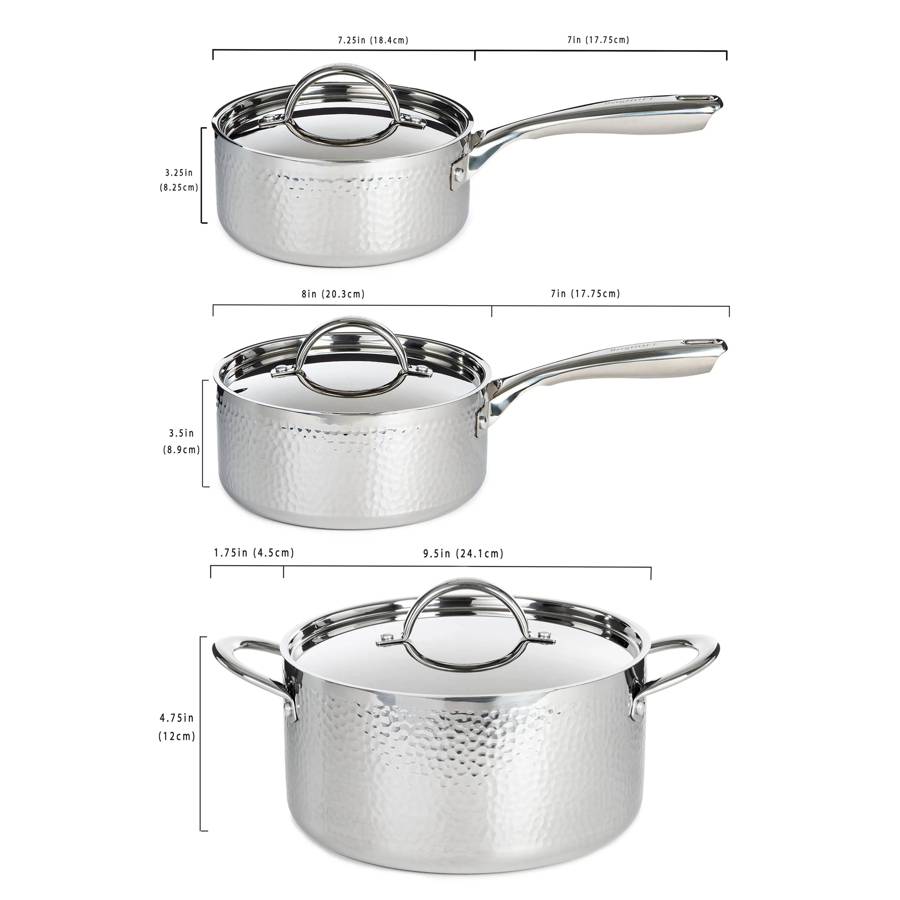 BergHOFF Vintage 6pc Tri-Ply 18/10 Stainless Steel Cookware Set with Lids, Hammered