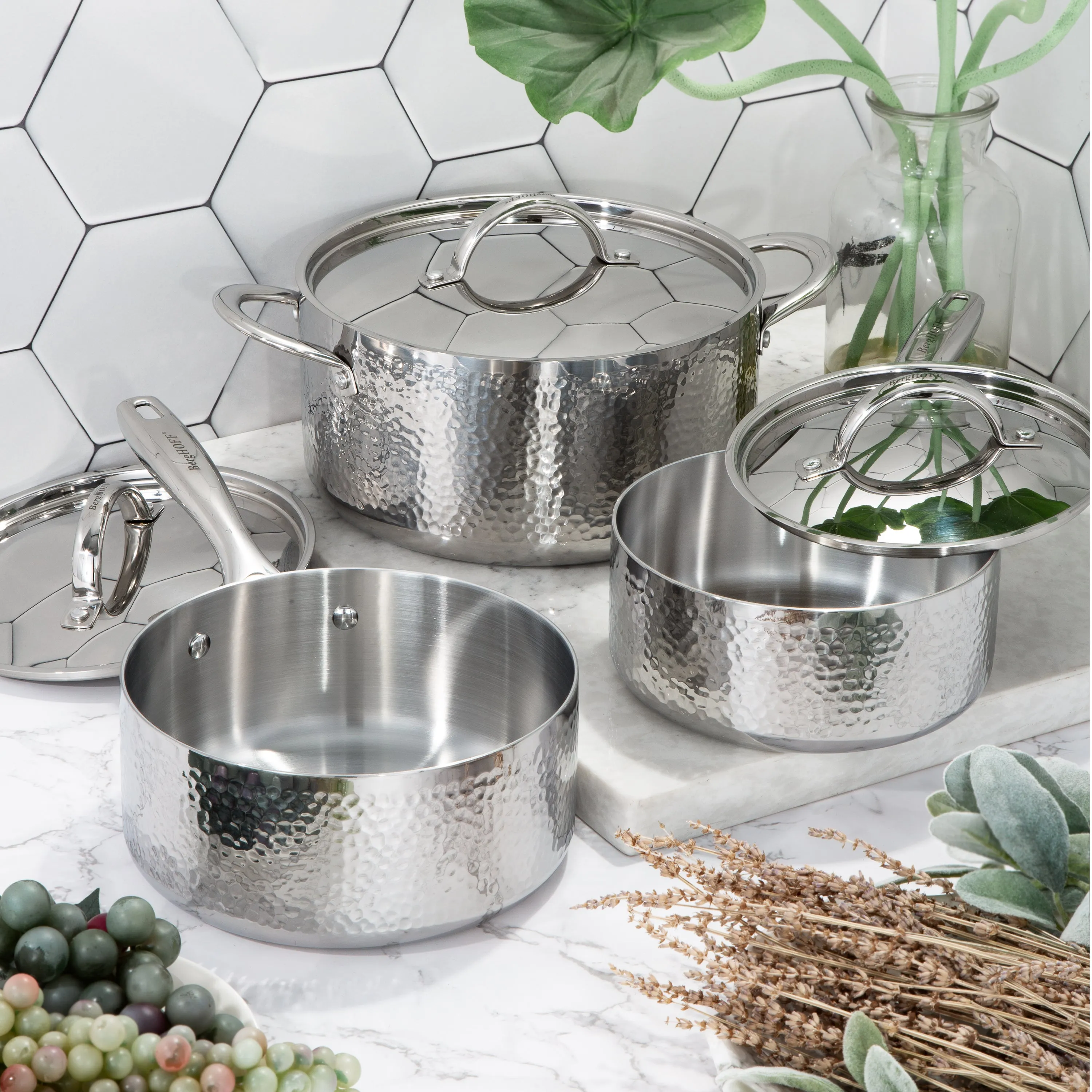 BergHOFF Vintage 6pc Tri-Ply 18/10 Stainless Steel Cookware Set with Lids, Hammered