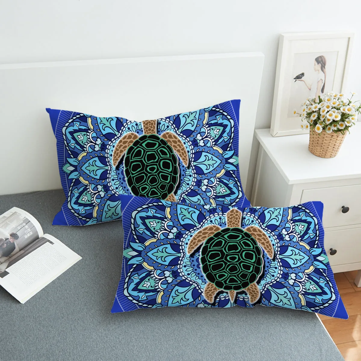 Blue Mandala Turtle Reversible Bedcover Set