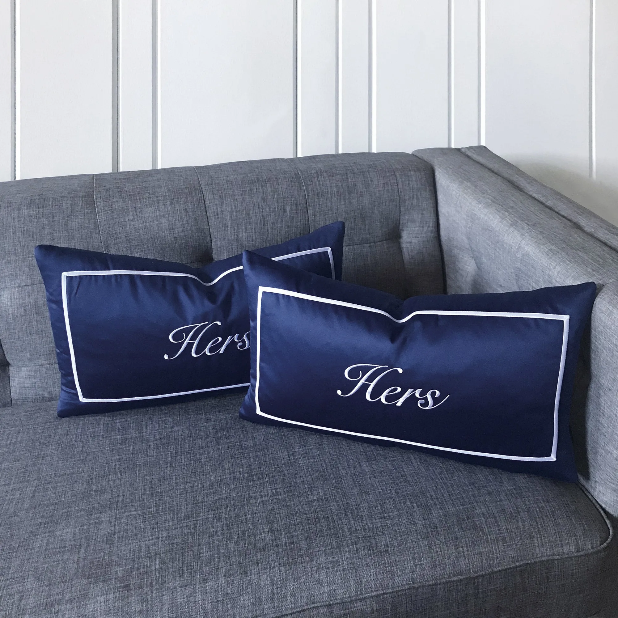 Blue Satin "Hers" Boudoir Pillow Cover 13x22