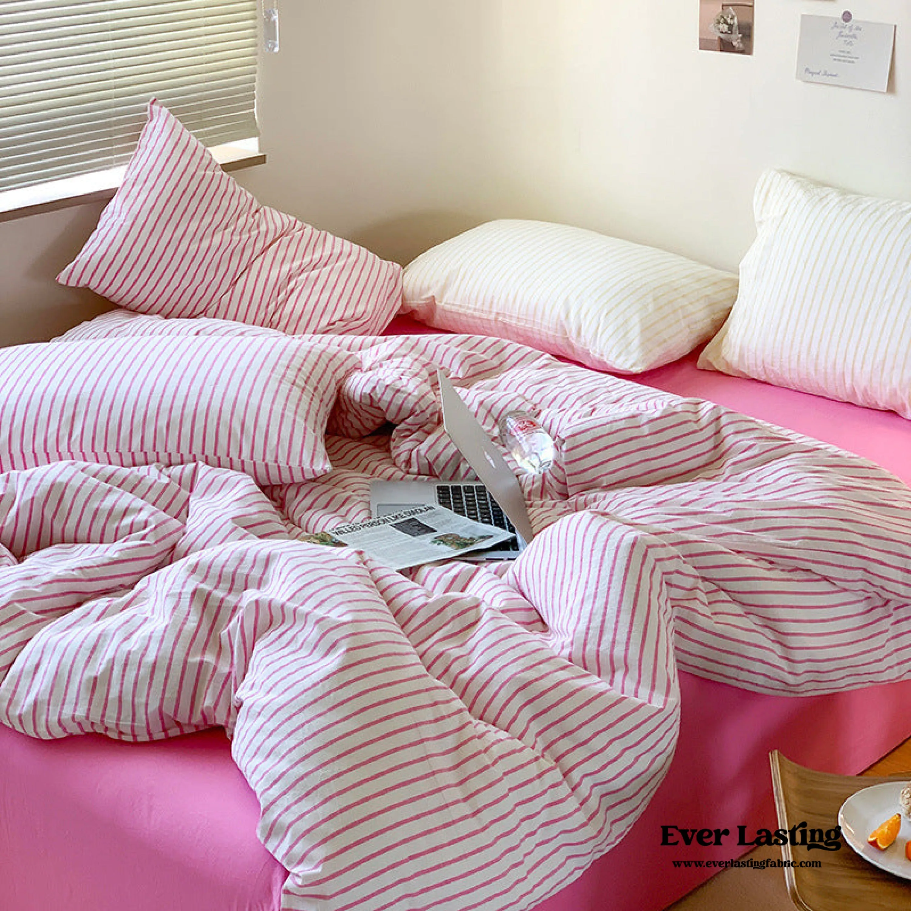 Candy Stripe Washed Cotton Bedding Set / Pink