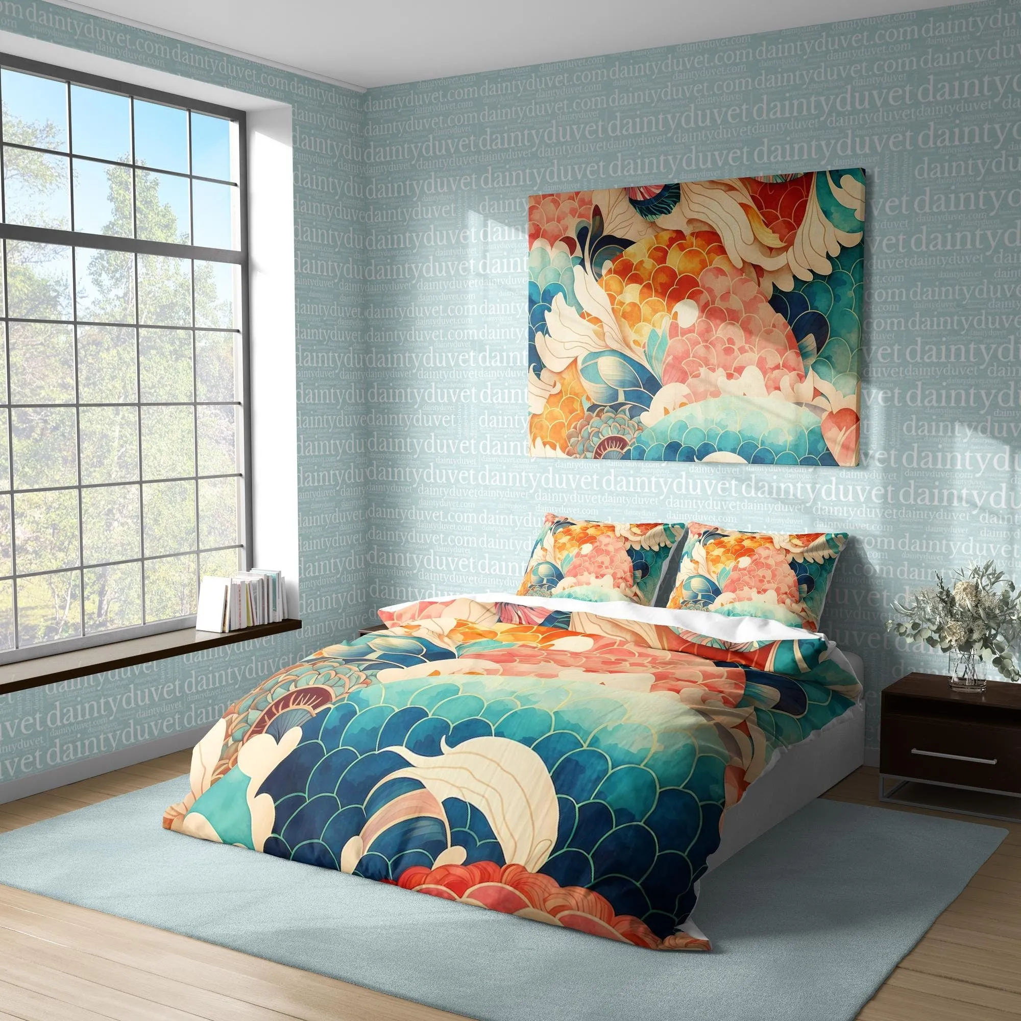 Colorful Fish Scale Quilt Cover Japanese Bedding Set, Cotton Duvet Cover Oriental Pattern Bedspread, Adults Bedroom Blanket Cover