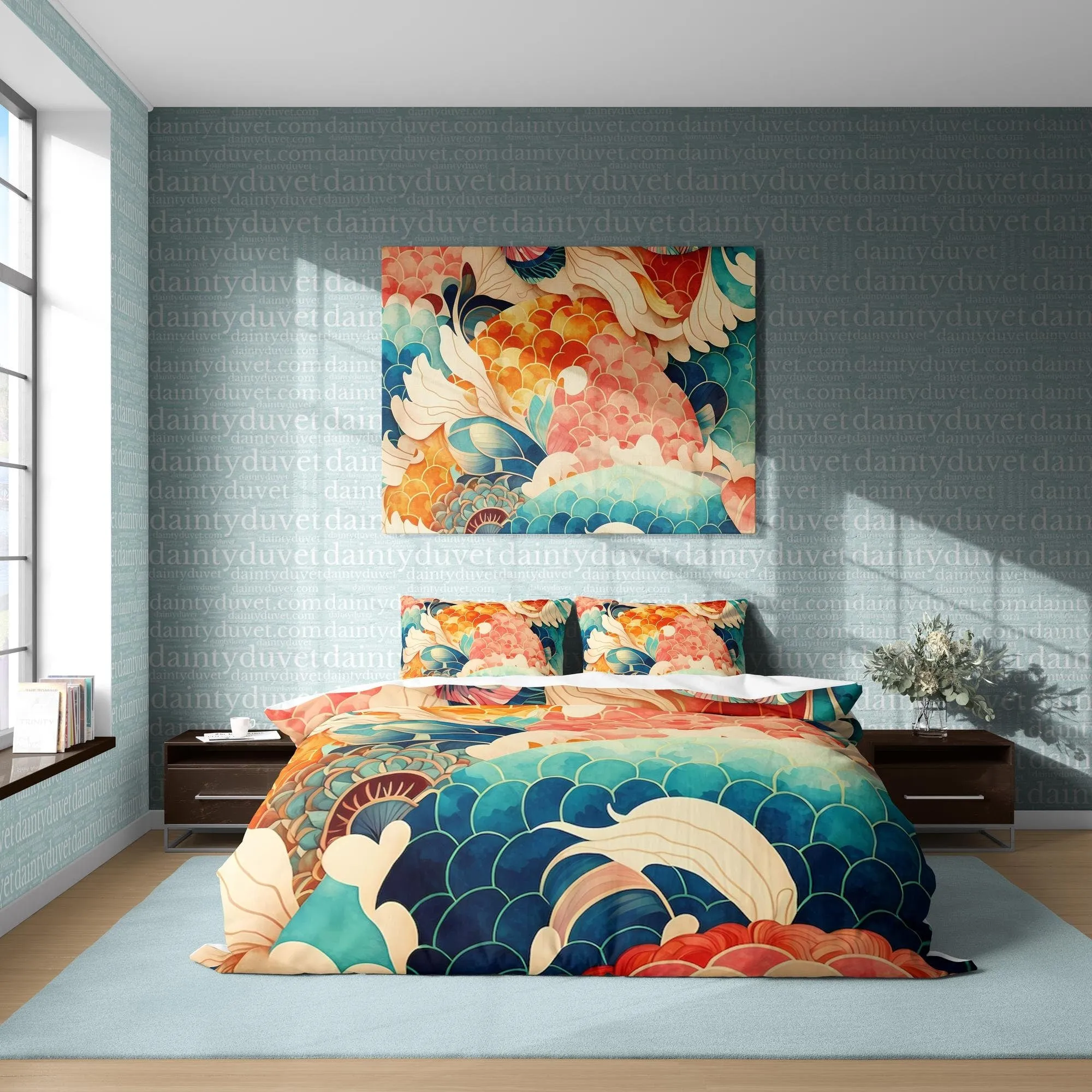 Colorful Fish Scale Quilt Cover Japanese Bedding Set, Cotton Duvet Cover Oriental Pattern Bedspread, Adults Bedroom Blanket Cover