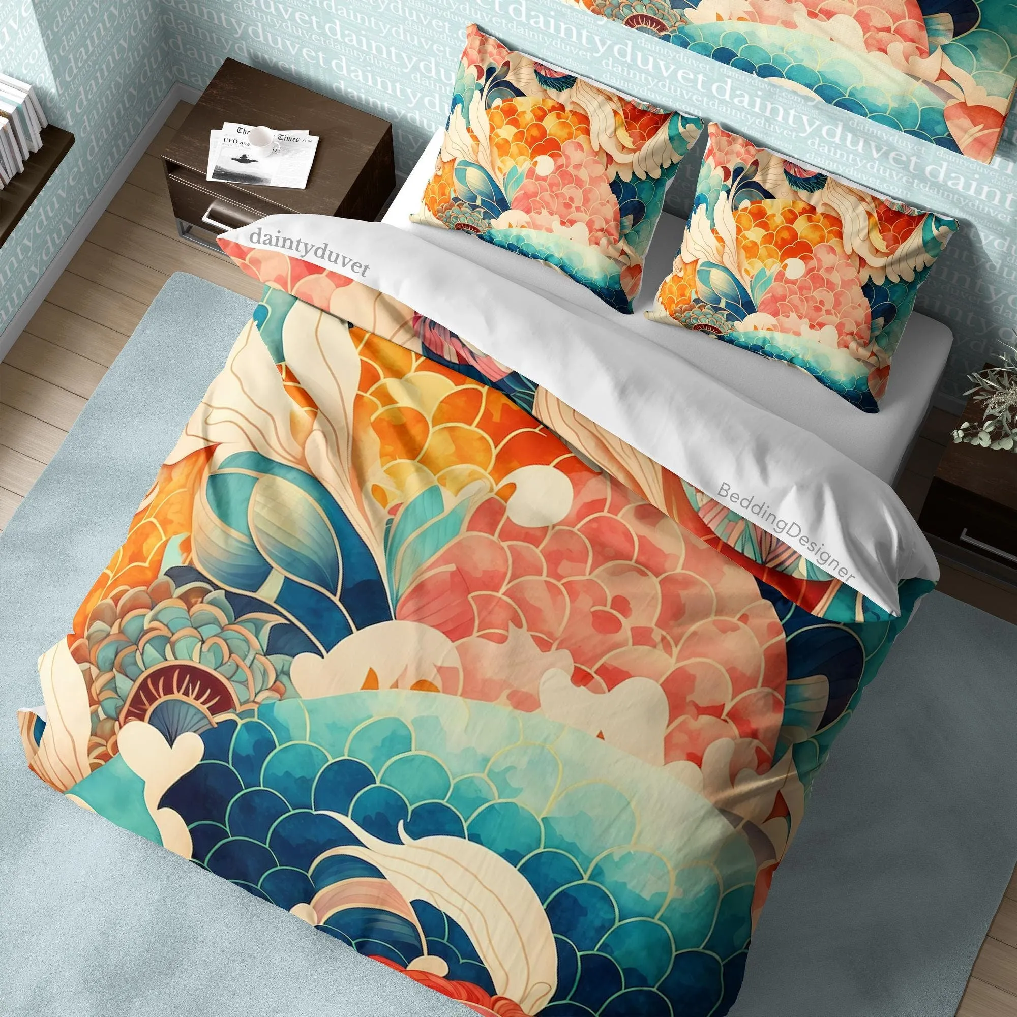 Colorful Fish Scale Quilt Cover Japanese Bedding Set, Cotton Duvet Cover Oriental Pattern Bedspread, Adults Bedroom Blanket Cover