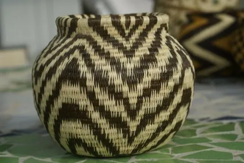 Colorful Highly Collectible & Unique American Indian Wounaan Hösig Di Tightly Woven basket Geometric Earthtones Zigzag Motif 300A2 DARIEN RAINFOREST JUNGLE PANAMA MUSEUM QUALITY MINUTE MINUSCULE WEAVE