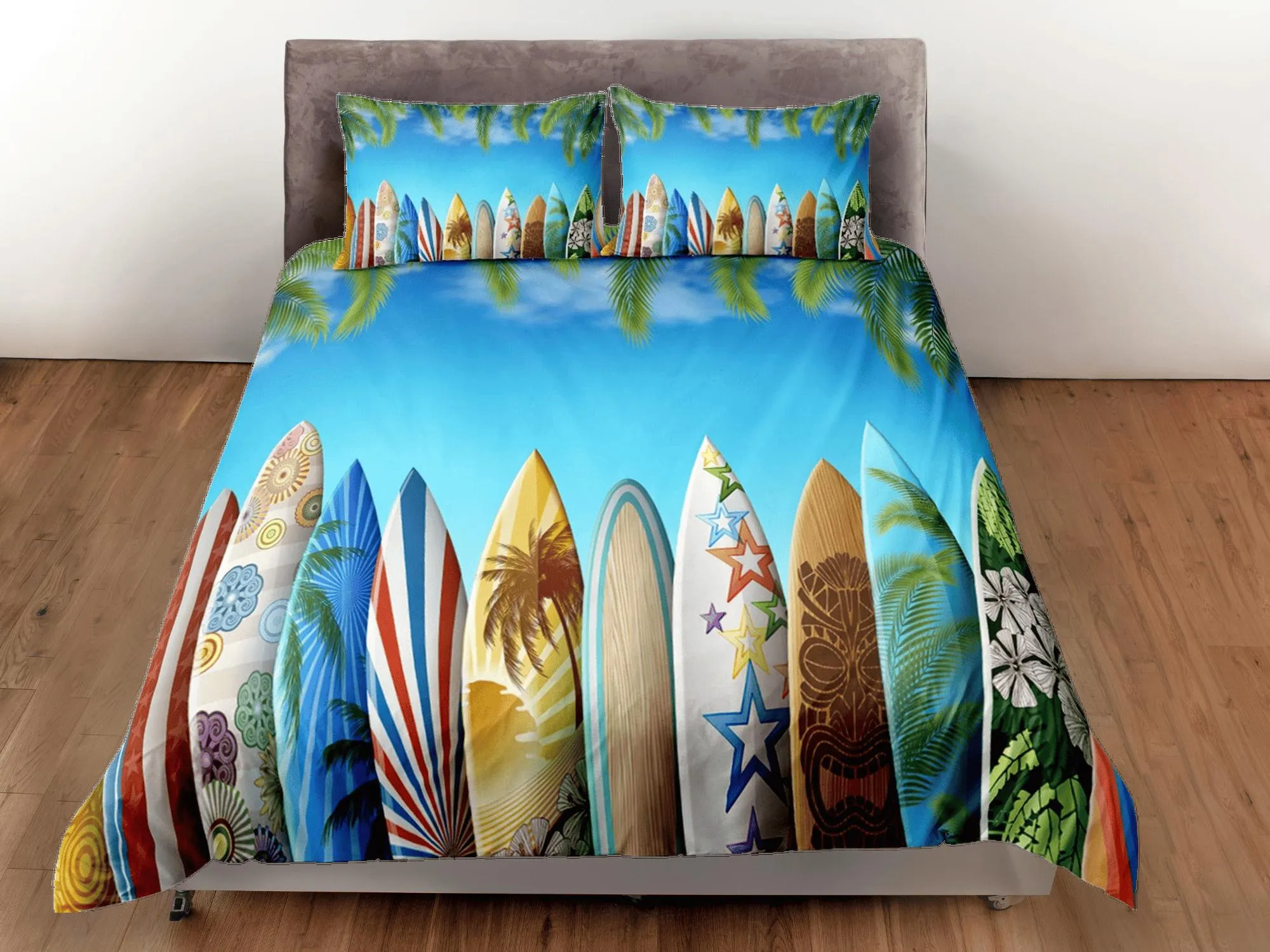 Colorful surfing boards coastal grandma blue duvet cover nautical bedding set full queen king, aesthetic beach room decor, ocean lover gift