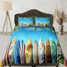 Colorful surfing boards coastal grandma blue duvet cover nautical bedding set full queen king, aesthetic beach room decor, ocean lover gift