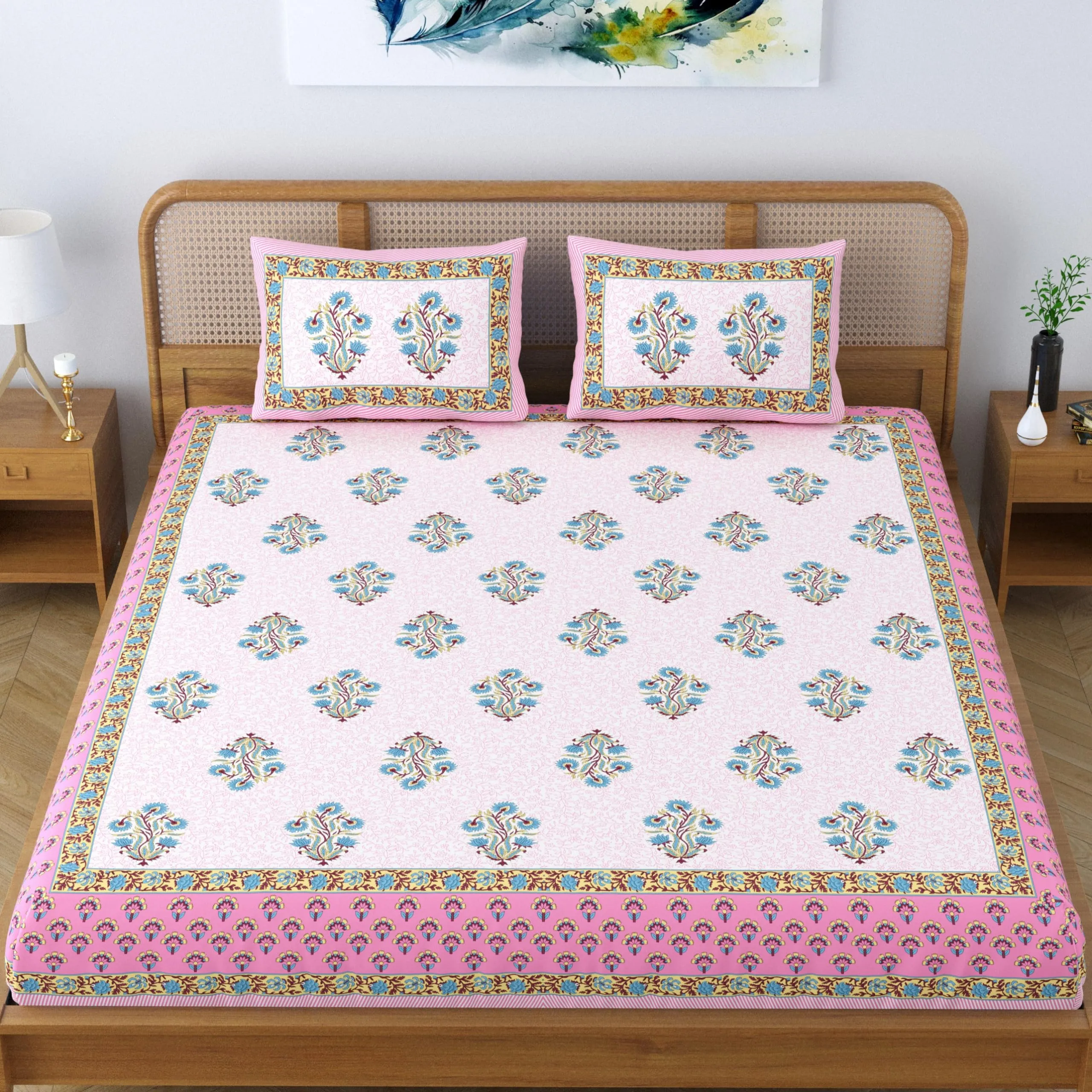 Colorish Cotton Blend Floral Printed Jaipuri King Size Double Bedsheet Set with 2 Pillow Covers - Peachy Keen