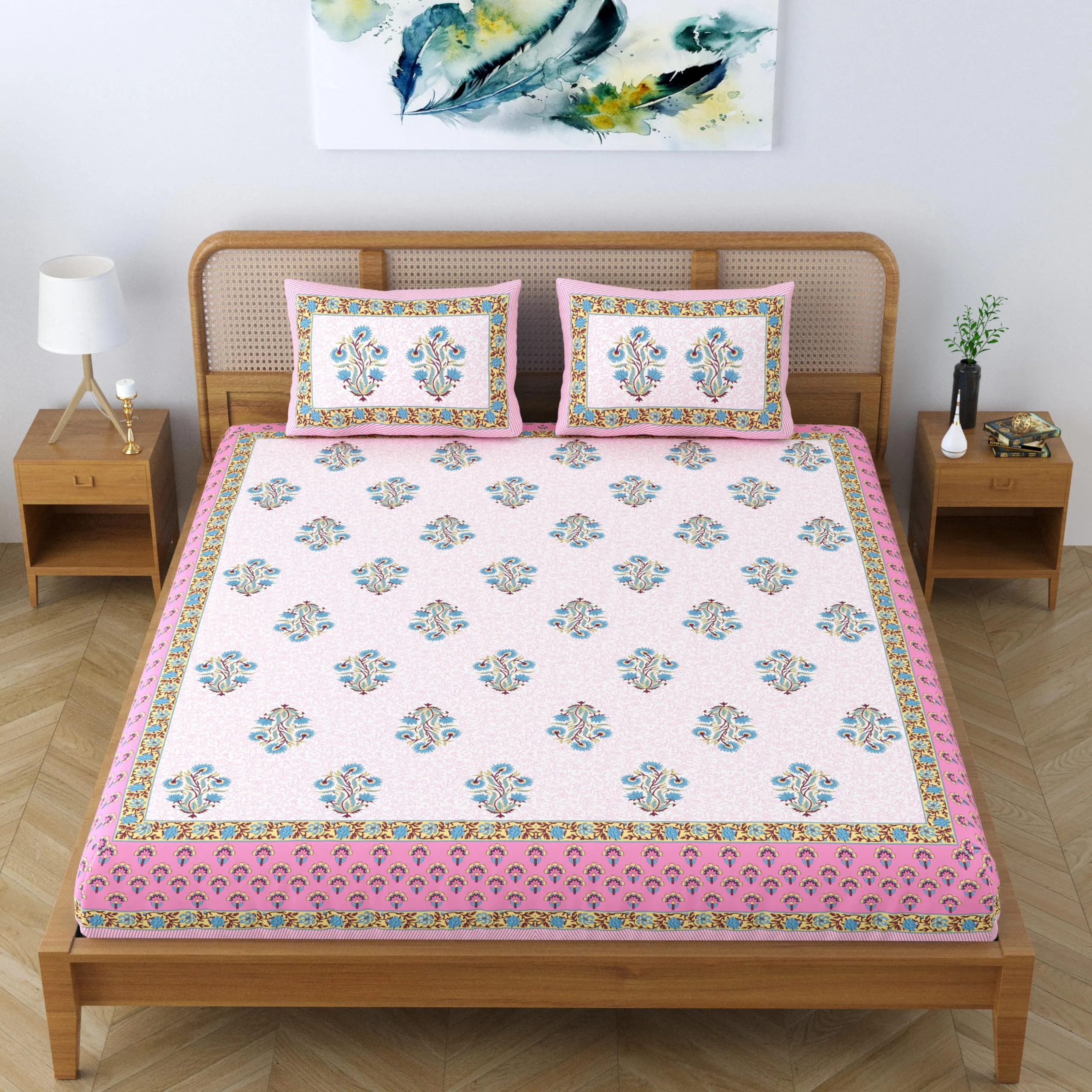 Colorish Cotton Blend Floral Printed Jaipuri King Size Double Bedsheet Set with 2 Pillow Covers - Peachy Keen