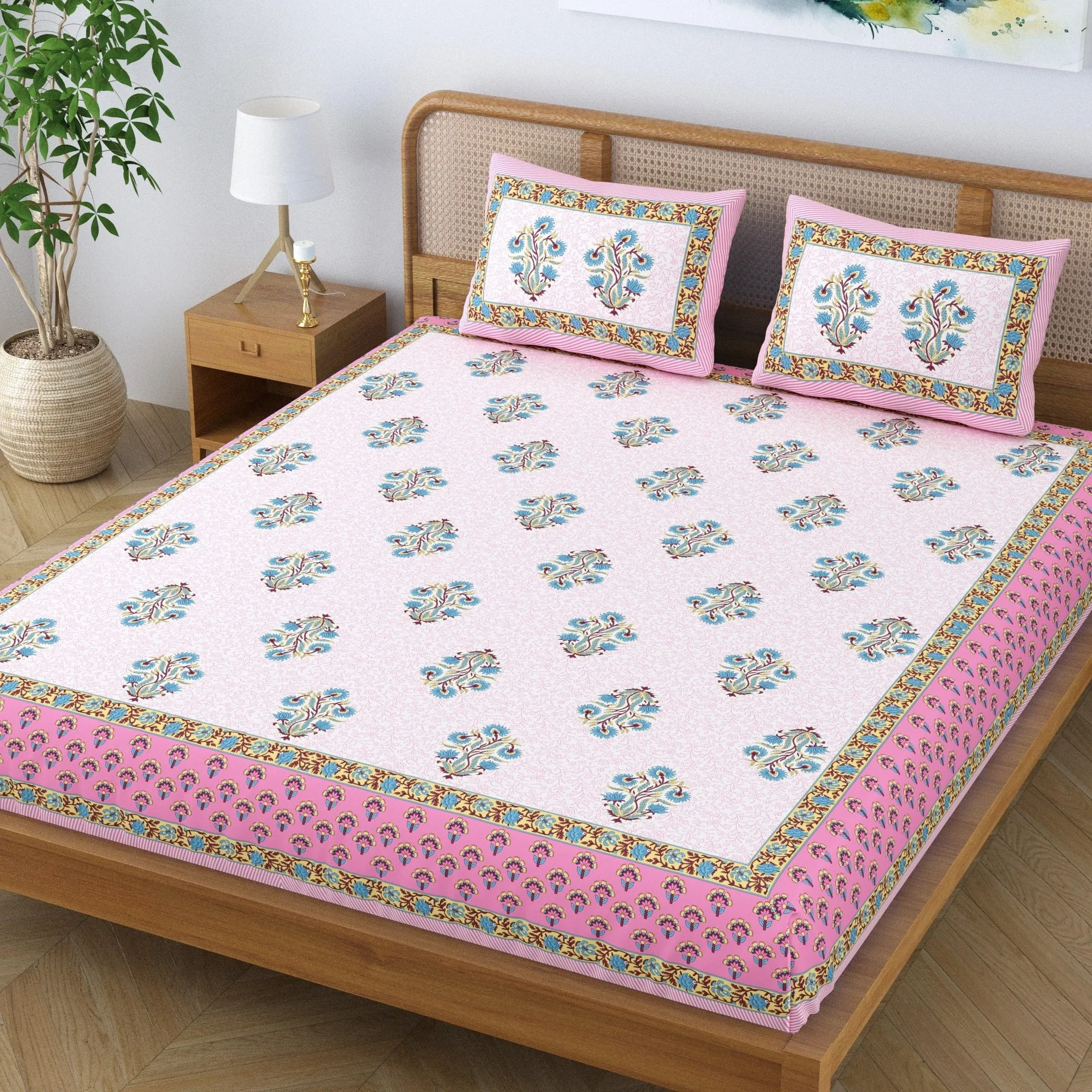 Colorish Cotton Blend Floral Printed Jaipuri King Size Double Bedsheet Set with 2 Pillow Covers - Peachy Keen