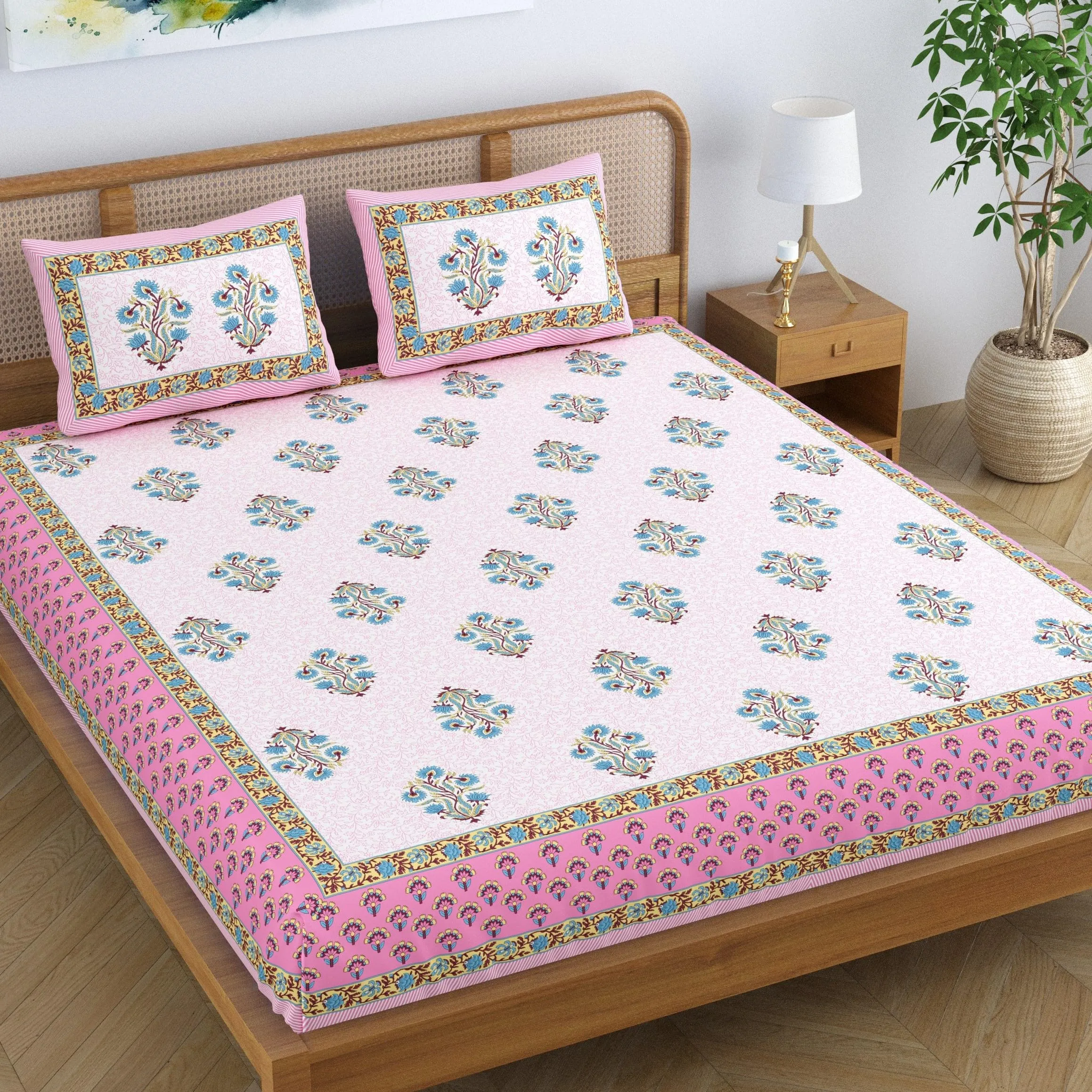 Colorish Cotton Blend Floral Printed Jaipuri King Size Double Bedsheet Set with 2 Pillow Covers - Peachy Keen