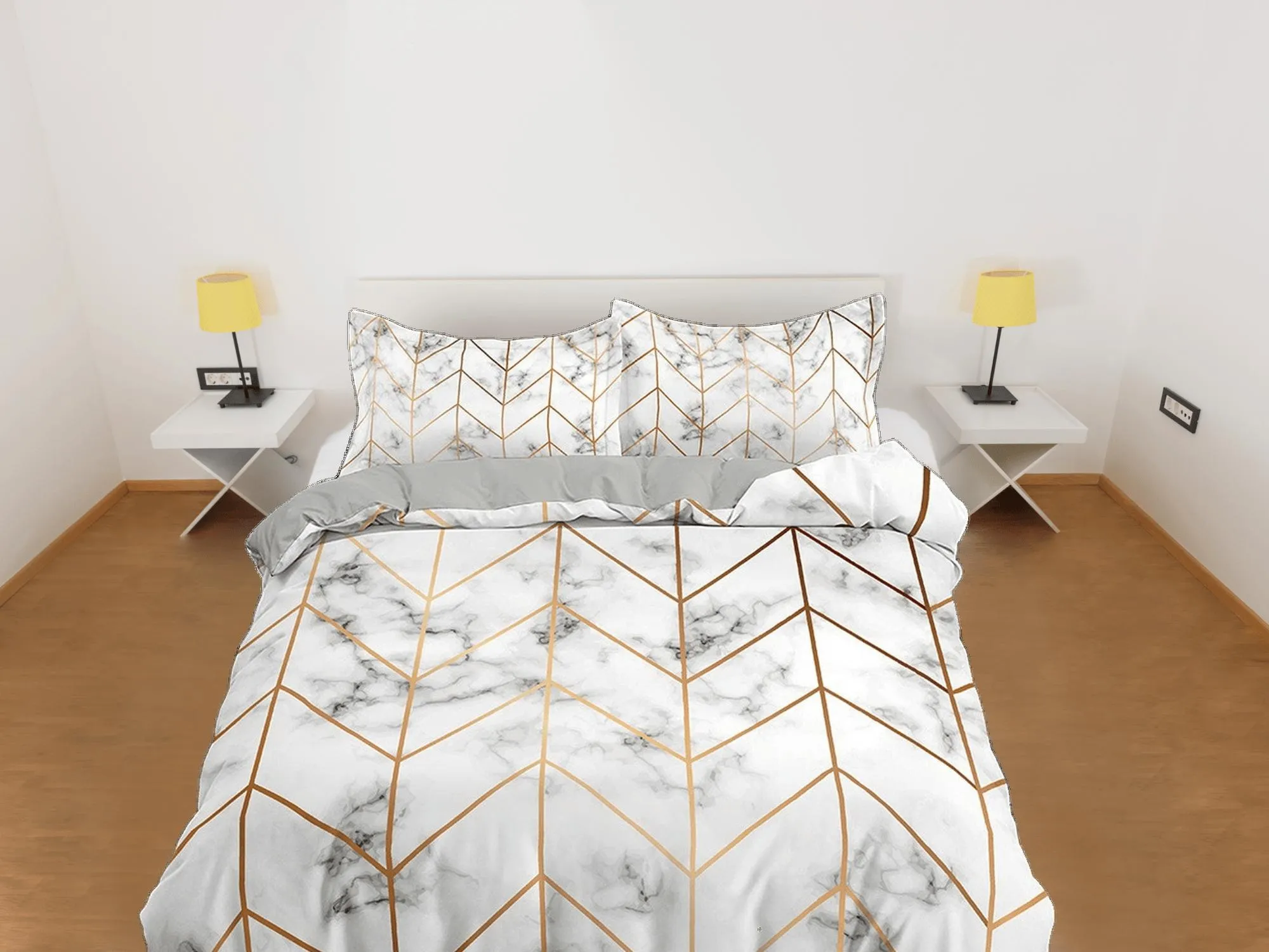 Contemporary bedroom set aesthetic duvet cover, marble gold geometric lines abstract art room decor boho chic bedding set full king queen