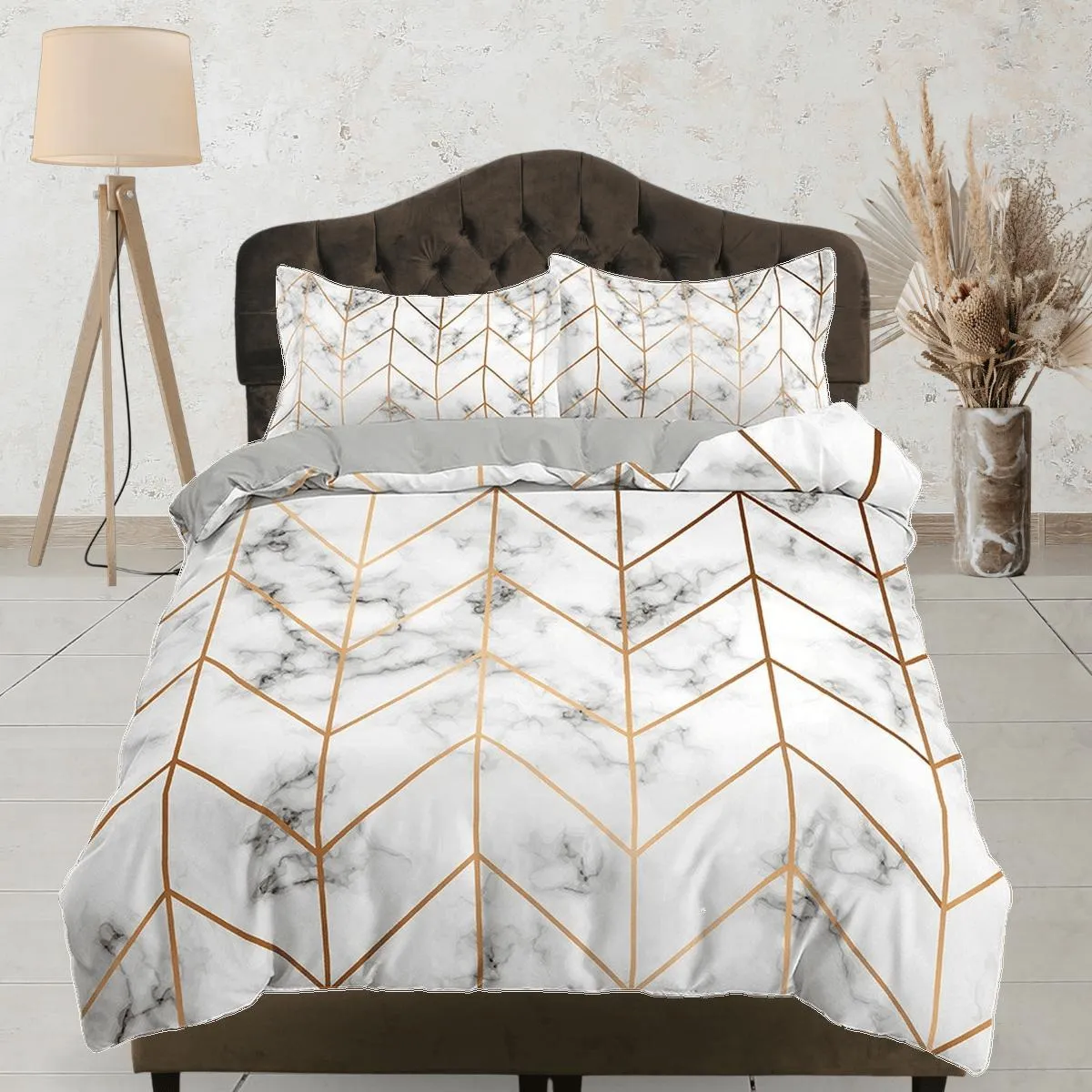 Contemporary bedroom set aesthetic duvet cover, marble gold geometric lines abstract art room decor boho chic bedding set full king queen