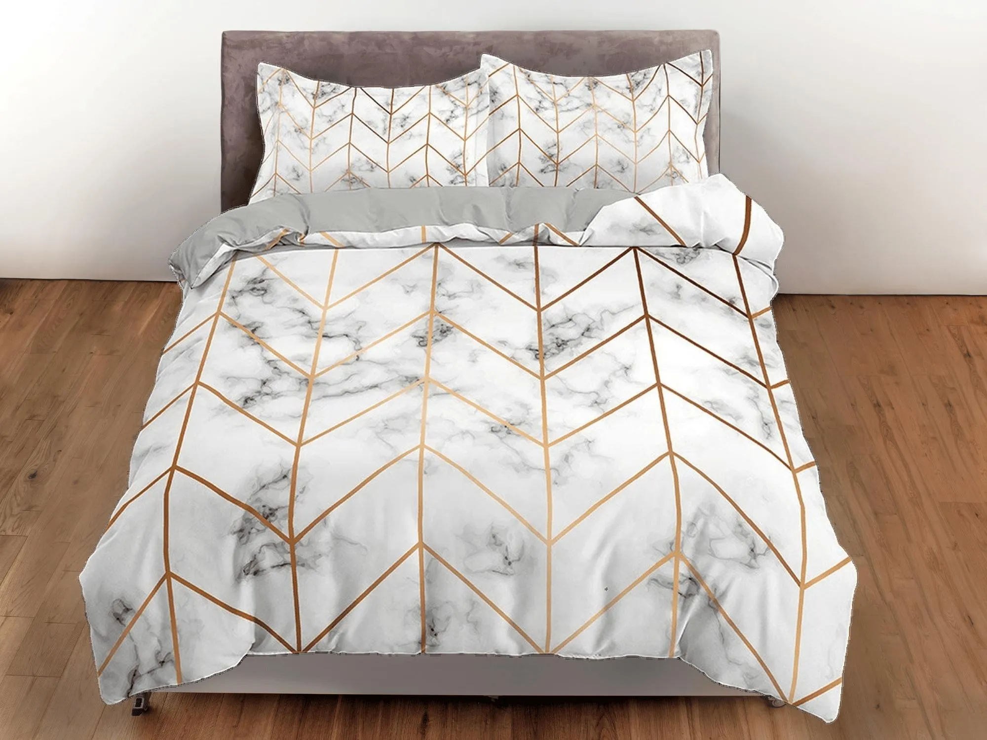 Contemporary bedroom set aesthetic duvet cover, marble gold geometric lines abstract art room decor boho chic bedding set full king queen