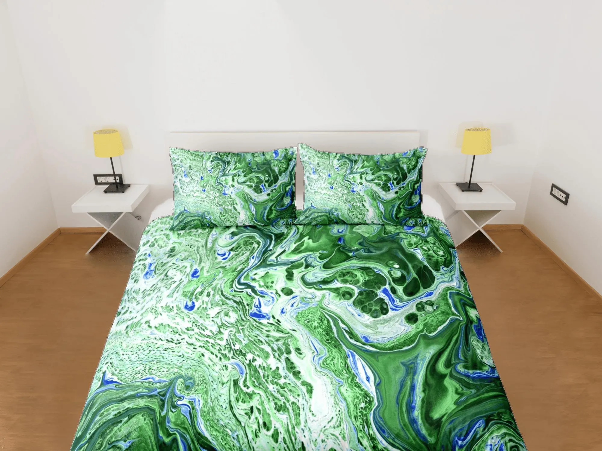 Contemporary bedroom set green aesthetic duvet cover, alcohol ink marble abstract art room decor boho chic bedding set full king queen