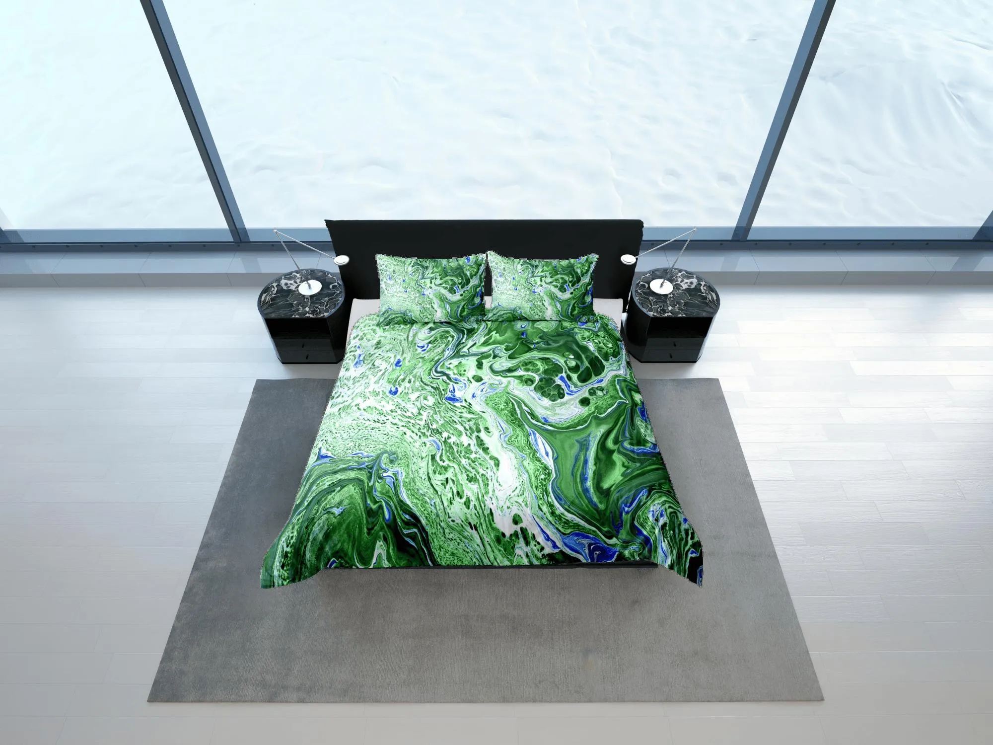 Contemporary bedroom set green aesthetic duvet cover, alcohol ink marble abstract art room decor boho chic bedding set full king queen