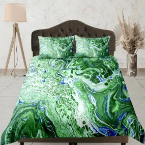 Contemporary bedroom set green aesthetic duvet cover, alcohol ink marble abstract art room decor boho chic bedding set full king queen