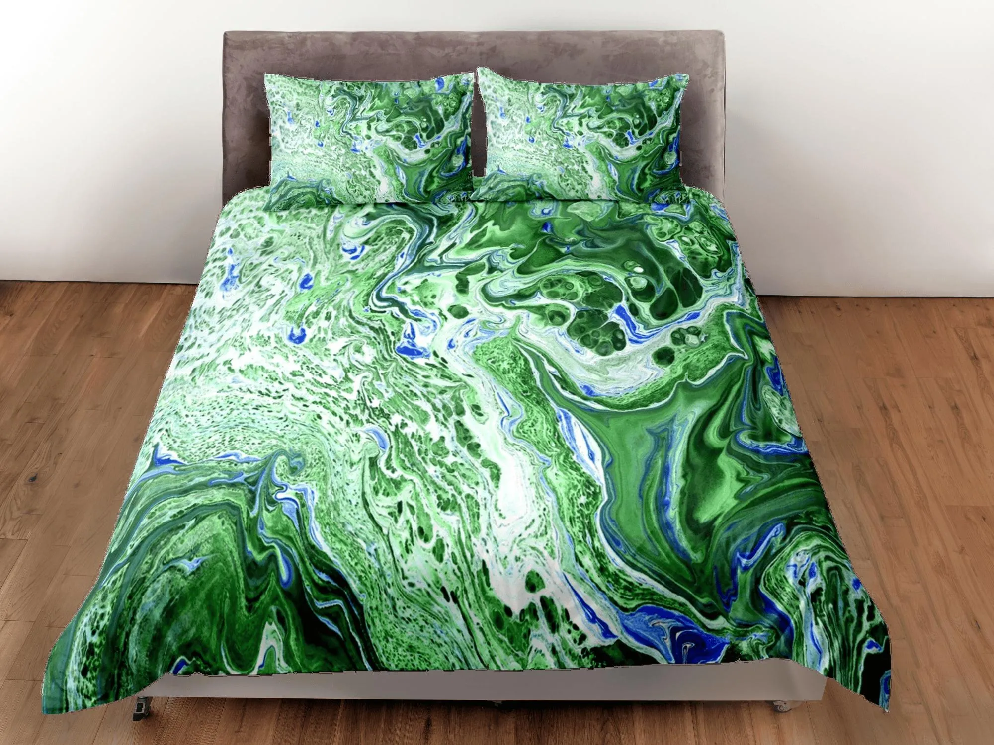 Contemporary bedroom set green aesthetic duvet cover, alcohol ink marble abstract art room decor boho chic bedding set full king queen