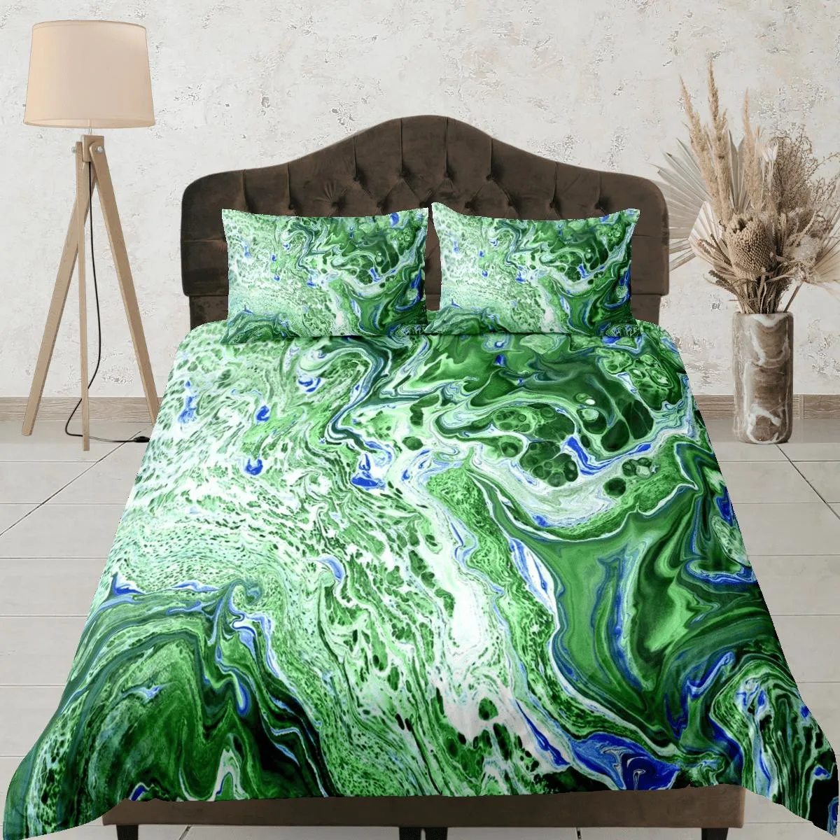 Contemporary bedroom set green aesthetic duvet cover, alcohol ink marble abstract art room decor boho chic bedding set full king queen