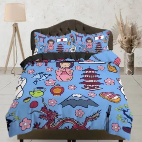 Cute oriental blue bedding for kids, japan culture, kimono and dragon, japanese duvet cover set for king, queen, full, twin, toddler bed